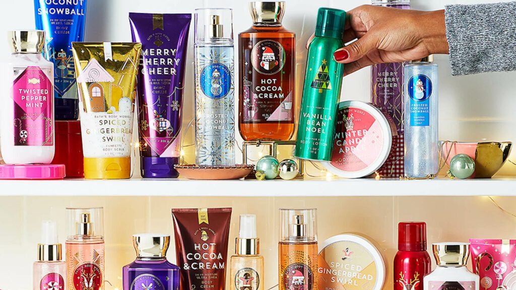 A display of body wash, lotions and sprays from bath and bodyworks